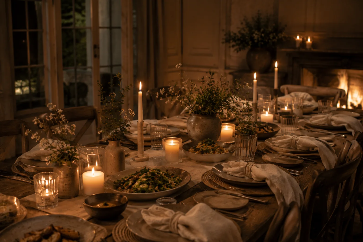 A long candlelit dinner table set for the welcome evening — seasonal stems, taper candles, soft light