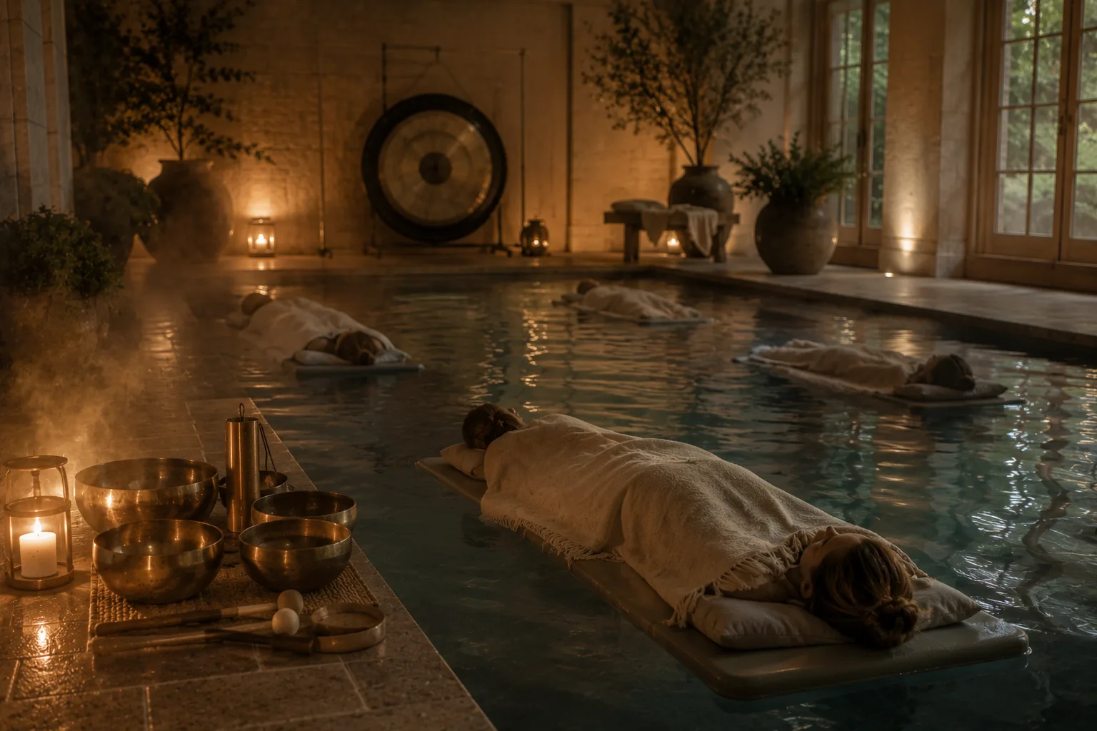 Floating sound healing — warm indoor pool, gong and singing bowls at the water’s edge