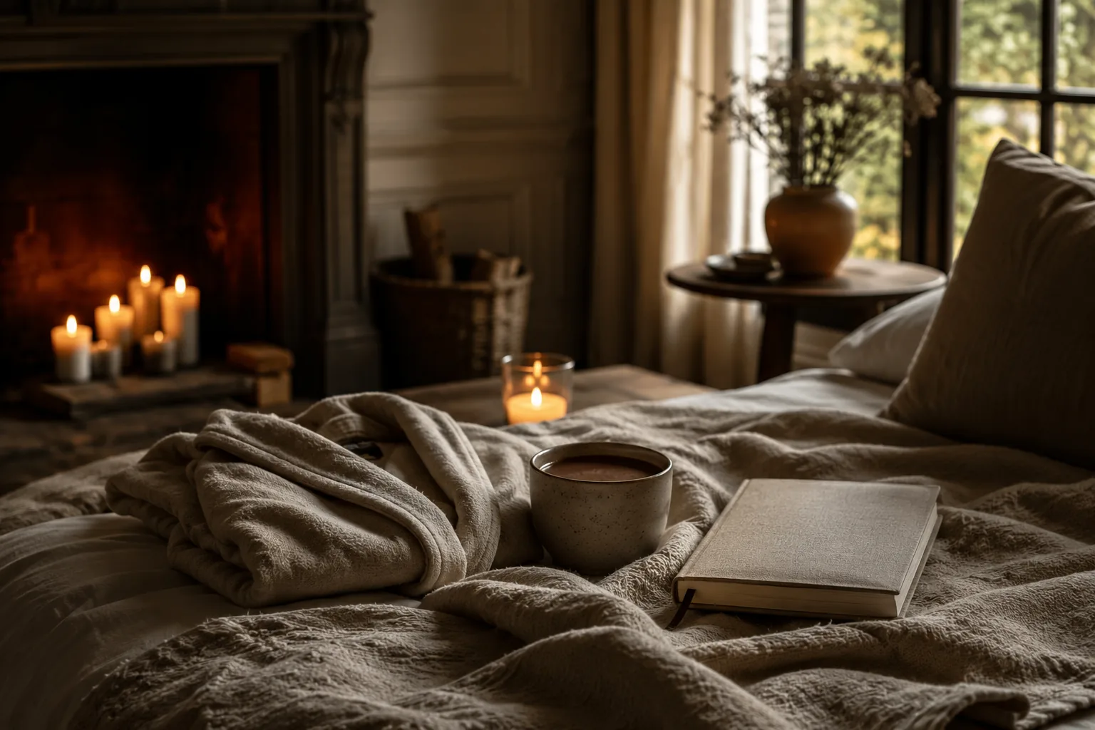 A still moment by candlelight — warm cocoa and an open journal on linen sheets