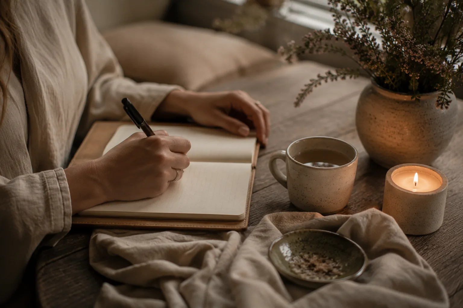 A quiet morning of journaling with tea and a candle