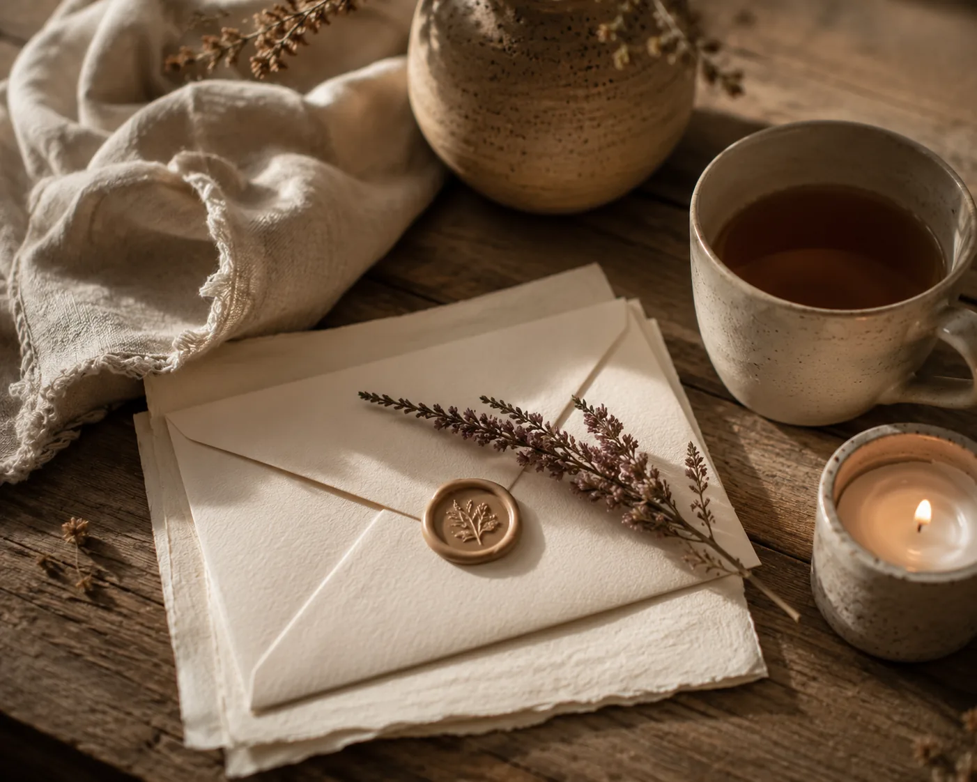 A wax-sealed letter beside tea and a single candle