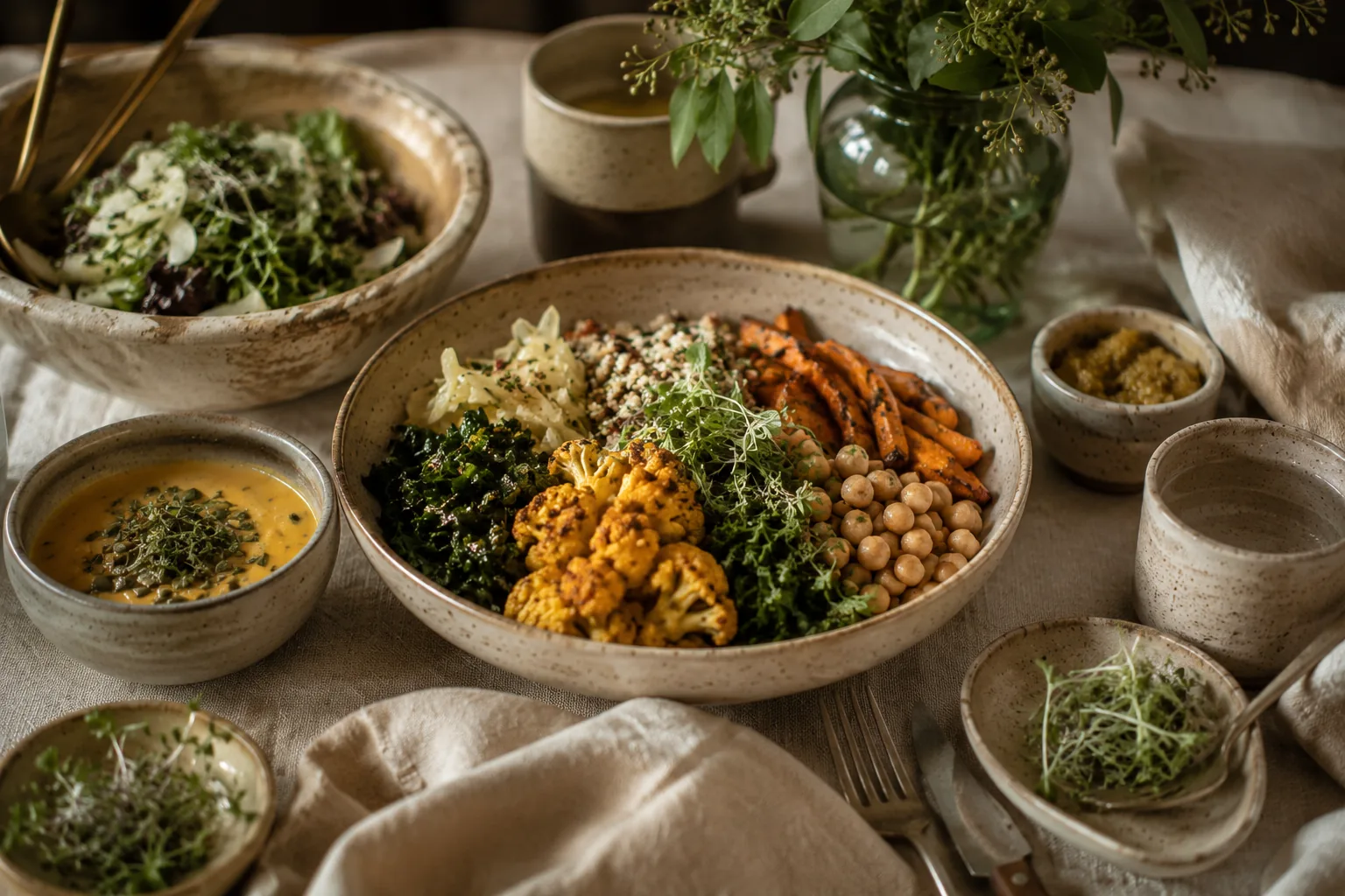 Nourishment — a seasonal grain bowl with greens, herbs and roasted vegetables