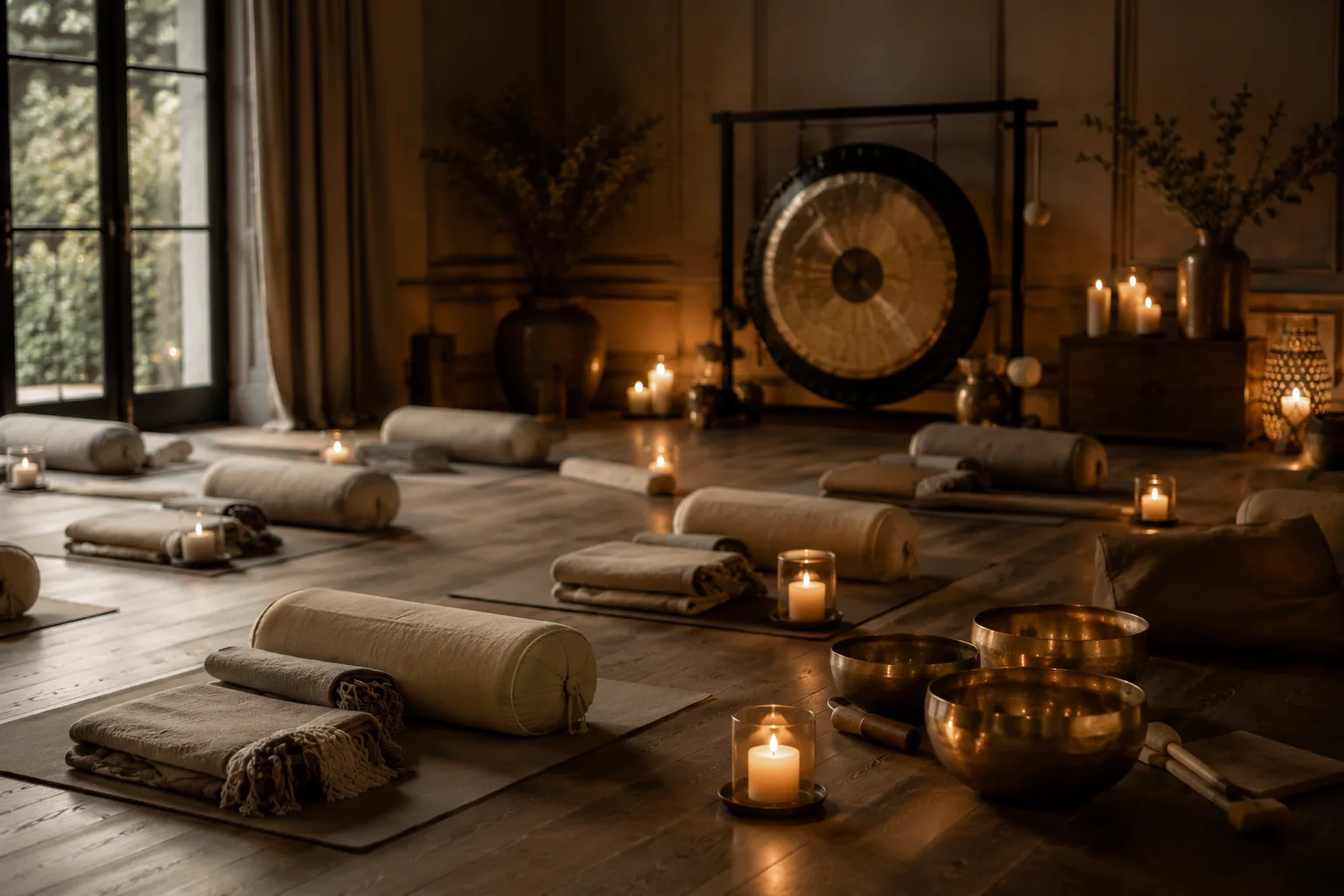 Movement room set for somatic work — bolsters, gong, singing bowls and candlelight