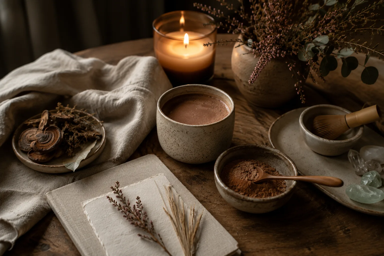 A cacao ritual still life — ceremonial cocoa, journal, pressed botanicals