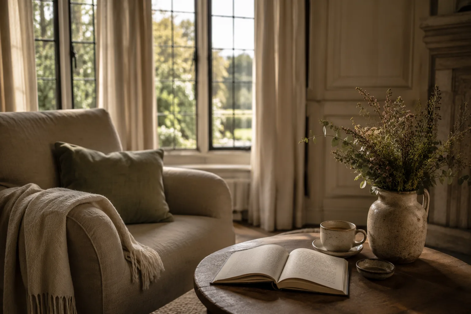 A restorative corner — armchair, throw and seasonal stems by an open window